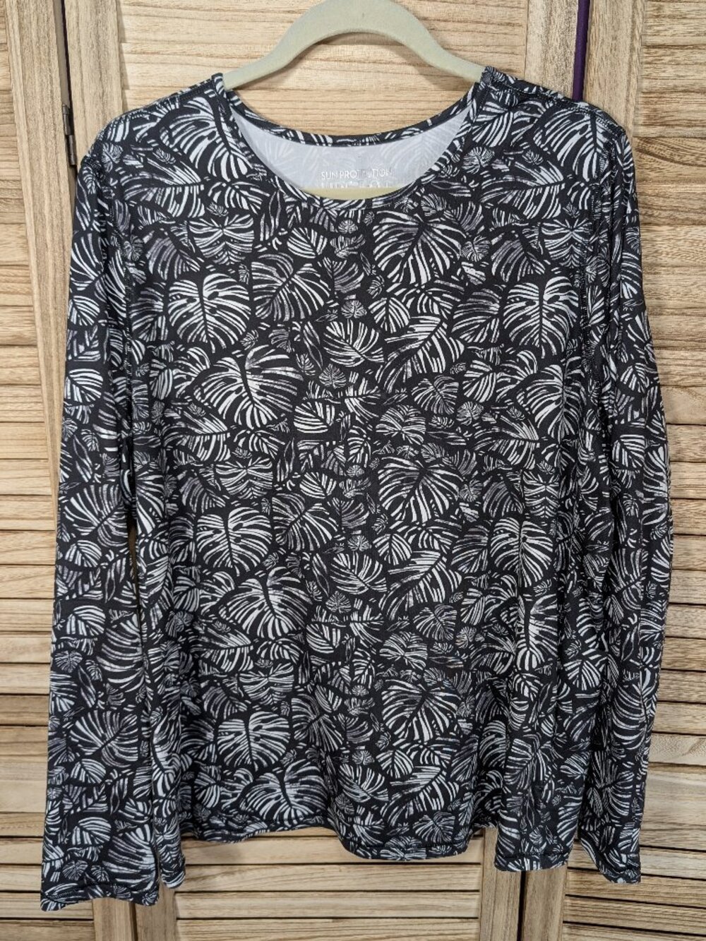 32 Degrees COOL UPF 50+ Black & White Leaf-Print Long Sleeve Top Size XXL